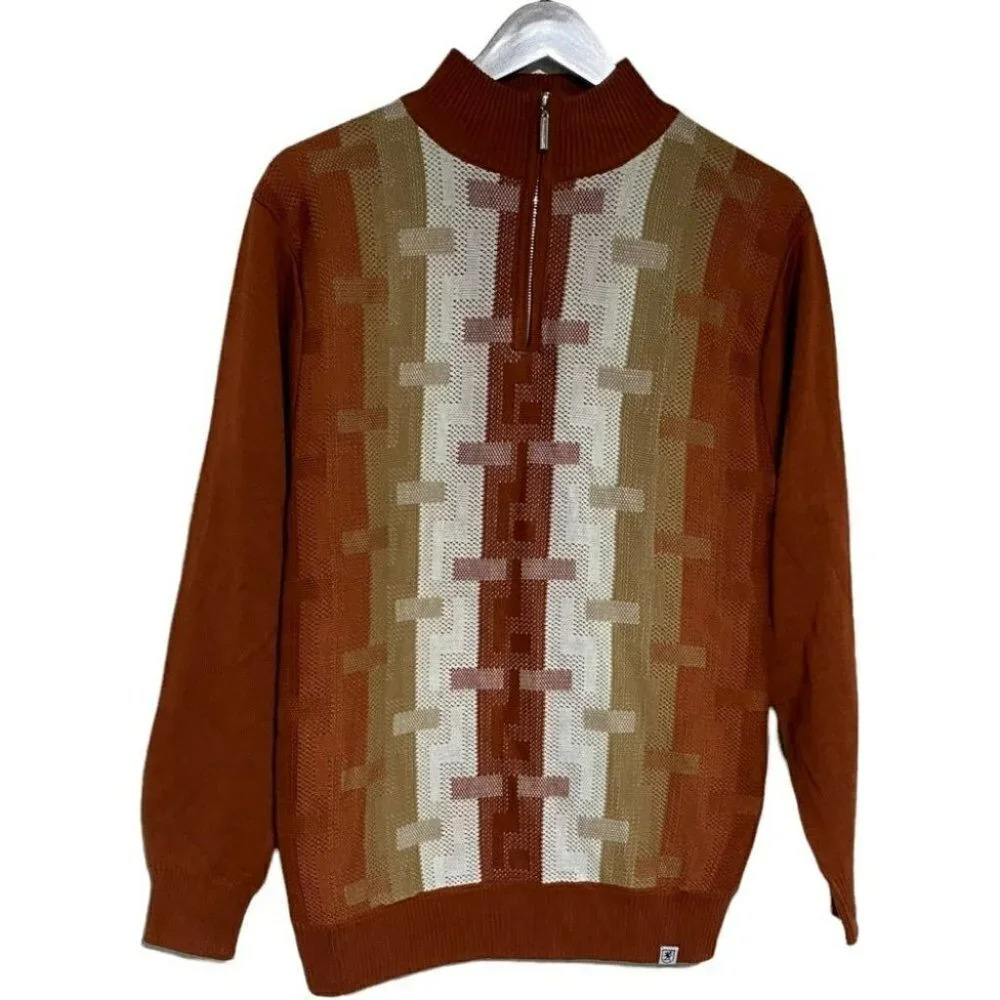 Stacy Adams M rust tan white retro print 1/4 zip‎ knit sweater RETRO